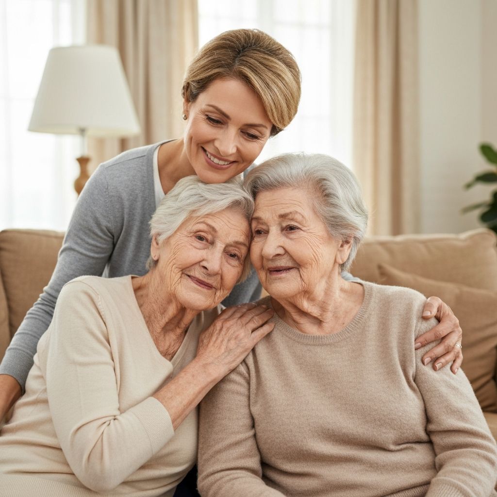 Adult child in their 40s providing care to elderly parent